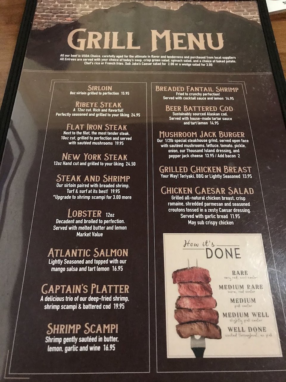 Menu display for food, apparel, and fees.