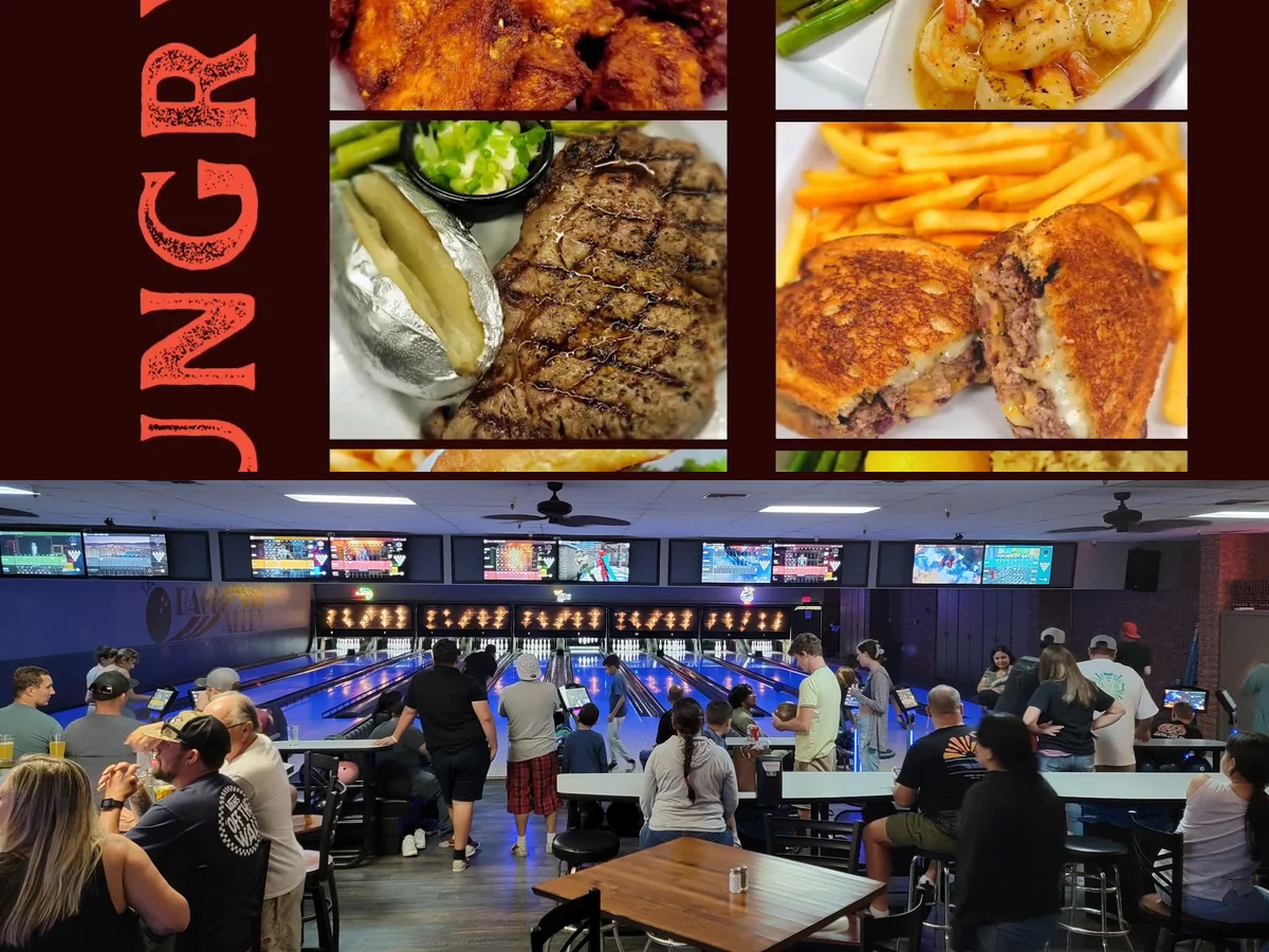 Bowling lanes beside a casual dining room.