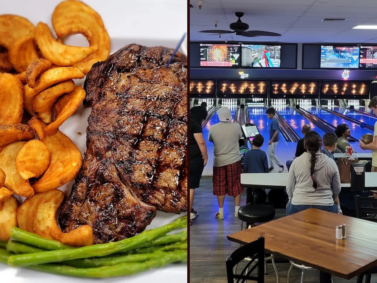 Bowling lanes beside a casual dining room.